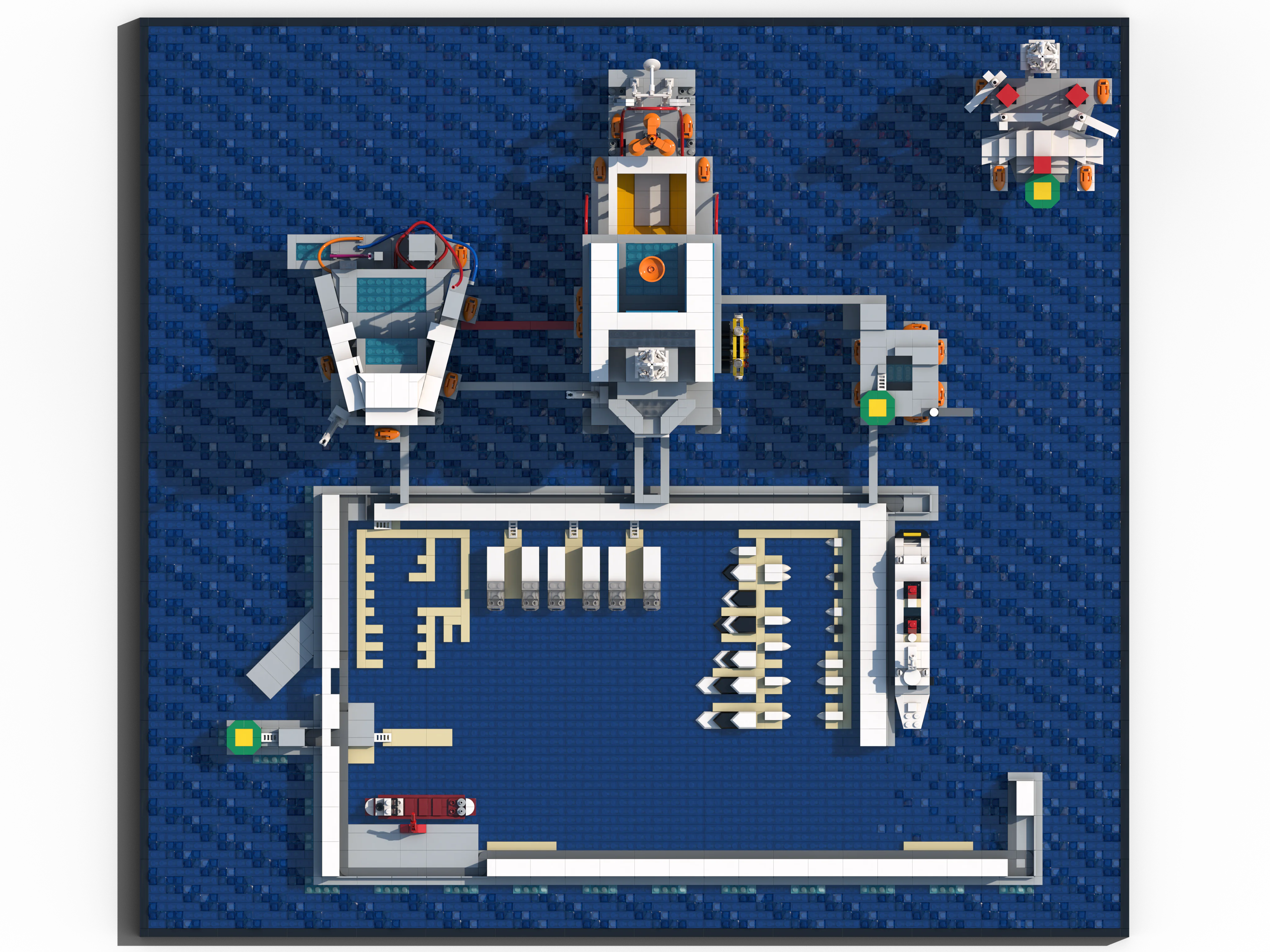Top view of the LEGO model of The Rig: platforms linked by walkways, marina and breakwater